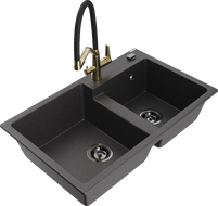 Mexen Tomas zlewozmywak granitowy 2-komorowy z baterią kuchenną Duo, czarny nakrapiany - 6516-76-671701-57-B