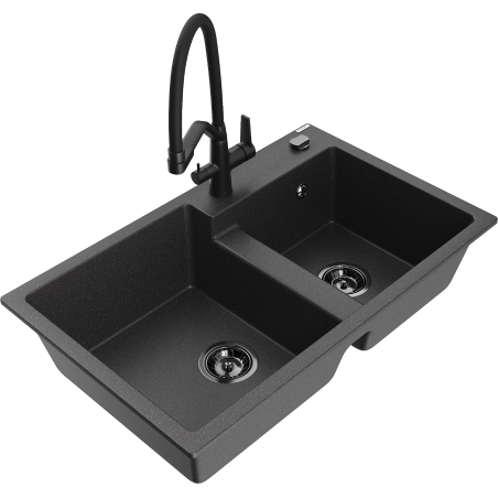 Mexen Tomas zlewozmywak granitowy 2-komorowy z baterią kuchenną Duo, czarny nakrapiany - 6516-76-671701-70-B