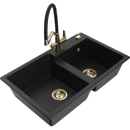 Mexen Tomas zlewozmywak granitowy 2-komorowy z baterią kuchenną Duo, czarny - 6516-77-671701-57-G