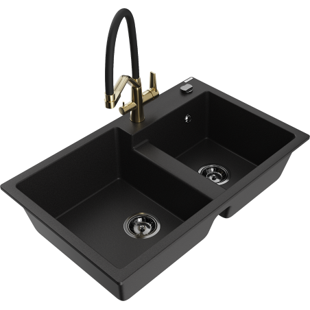 Mexen Tomas zlewozmywak granitowy 2-komorowy z baterią kuchenną Duo, czarny - 6516-77-671701-57-B