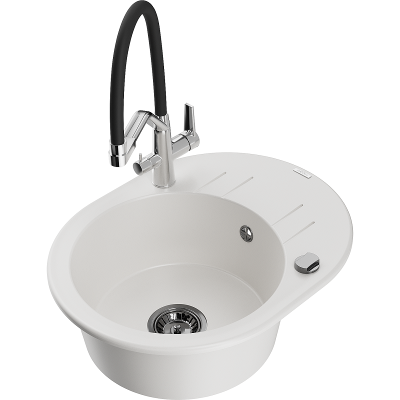 Mexen Kevin zlewozmywak granitowy 1-komorowy z baterią kuchenną Duo, biały - 6517-20-671701-07-B