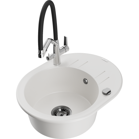 Mexen Kevin zlewozmywak granitowy 1-komorowy z baterią kuchenną Duo, biały - 6517-20-671701-07-B