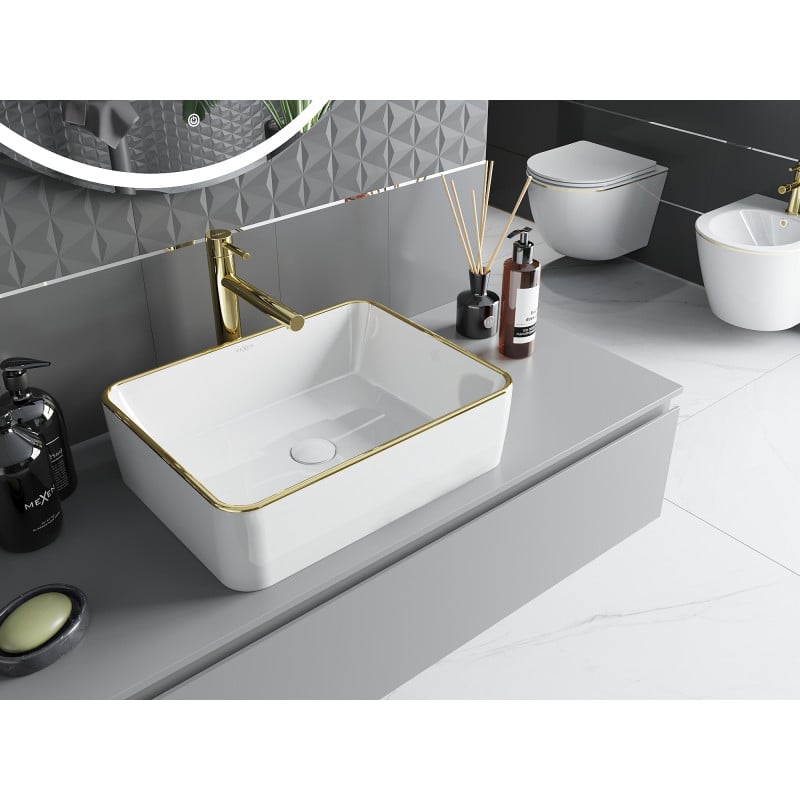 Mexen Catia umywalka nablatowa 48 x 37 cm, biała/złota rant - 21314805