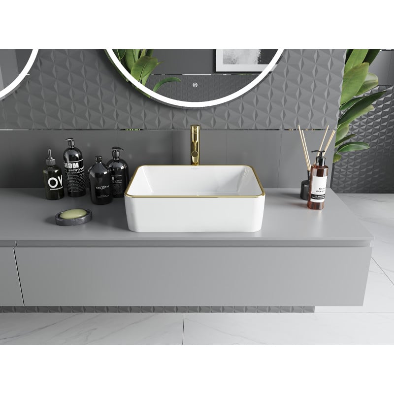 Mexen Catia umywalka nablatowa 48 x 37 cm, biała/złota rant - 21314805