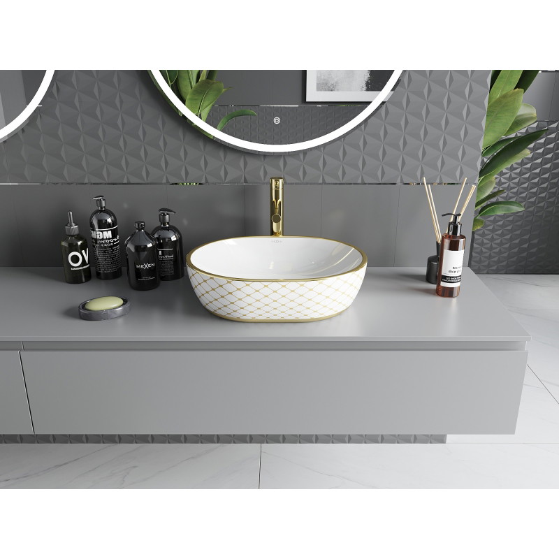 Mexen Viki umywalka nablatowa 48 x 35 cm, biała/złota wzór kratka - 21054809