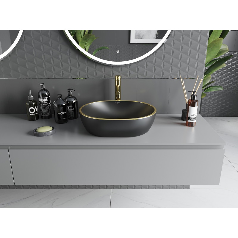 Mexen Viki umywalka nablatowa 48 x 35 cm, czarna mat/złota rant - 21054875