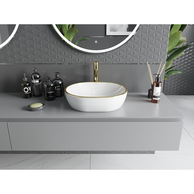 Mexen Viki umywalka nablatowa 48 x 35 cm, biała/złota rant - 21054805