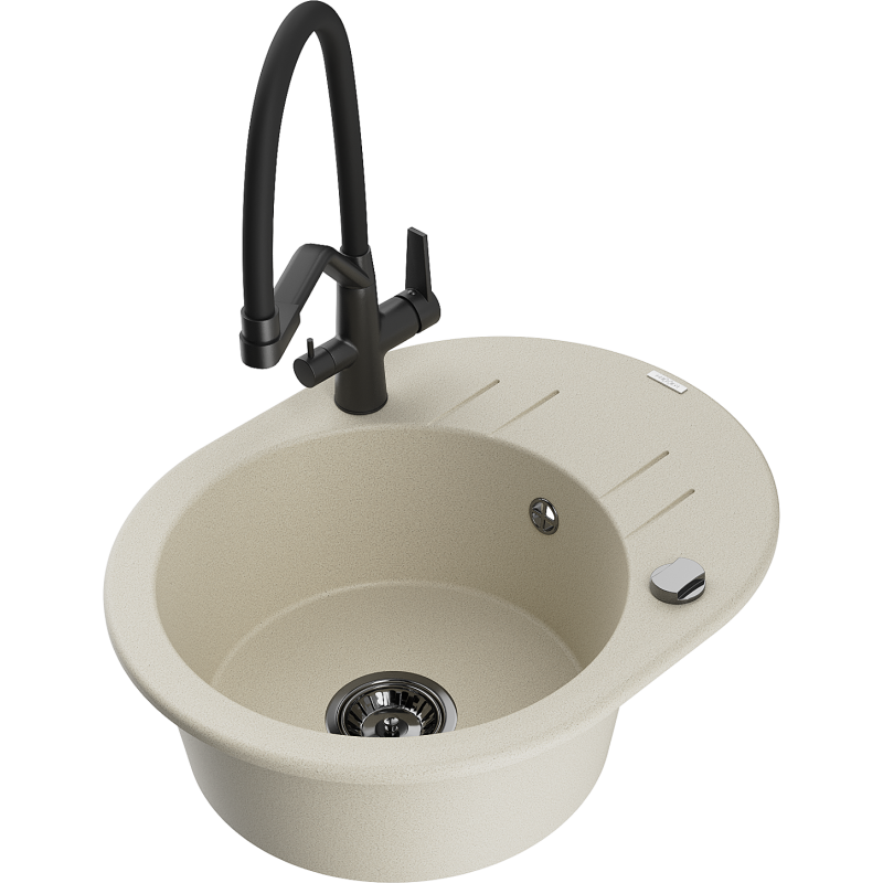 Mexen Kevin zlewozmywak granitowy 1-komorowy z baterią kuchenną Duo, beżowy - 6517-69-671701-70-B