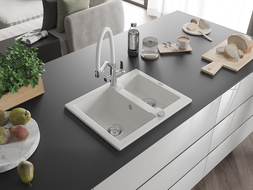 Mexen Carlos zlewozmywak granitowy 1,5-komorowy z baterią kuchenną Duo, biały - 6518-20-671701-02