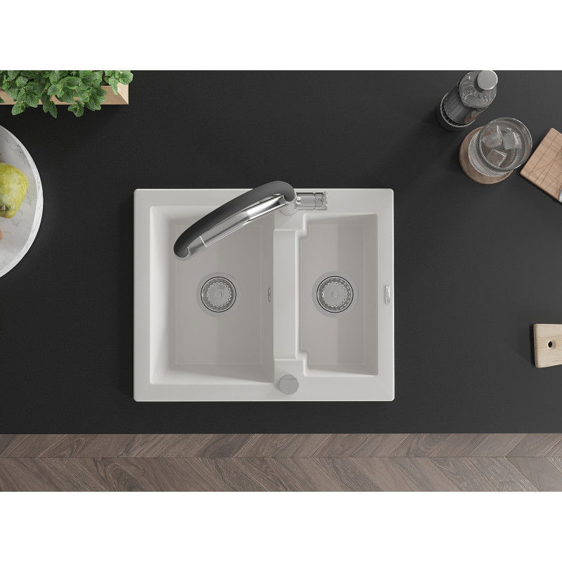 Mexen Carlos zlewozmywak granitowy 1,5-komorowy z baterią kuchenną Duo, biały - 6518-20-671701-07