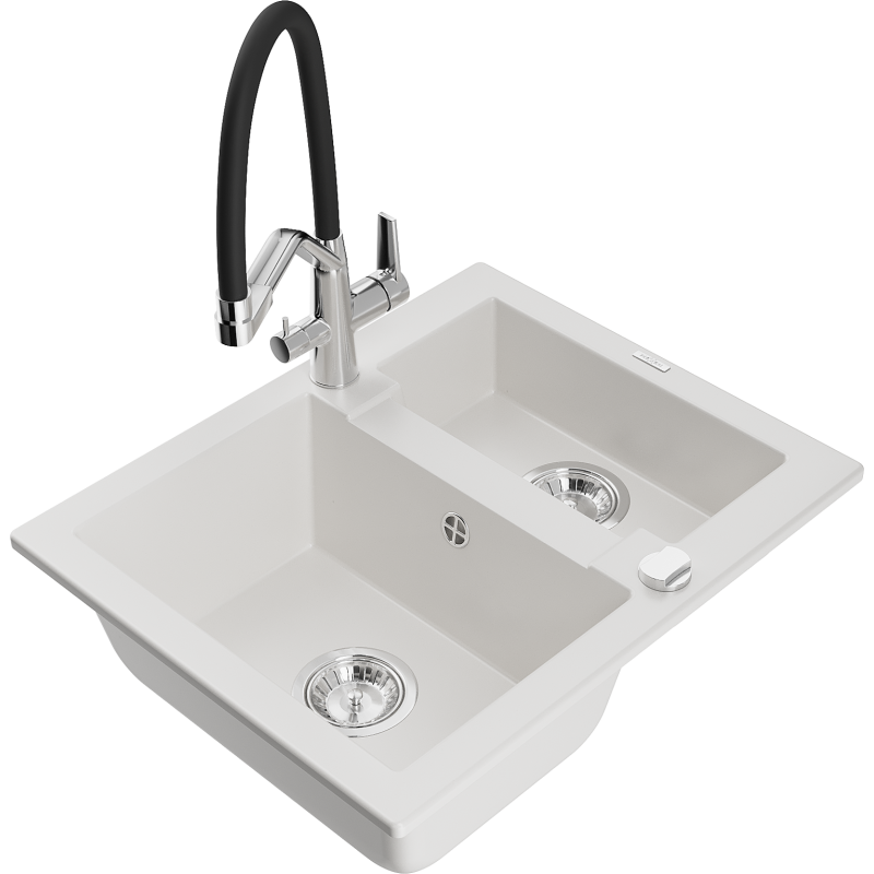 Mexen Carlos zlewozmywak granitowy 1,5-komorowy z baterią kuchenną Duo, biały - 6518-20-671701-07