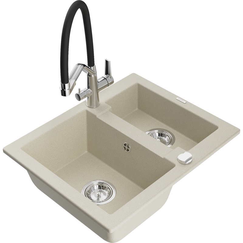 Mexen Carlos zlewozmywak granitowy 1,5-komorowy z baterią kuchenną Duo, beżowy - 6518-69-671701-07
