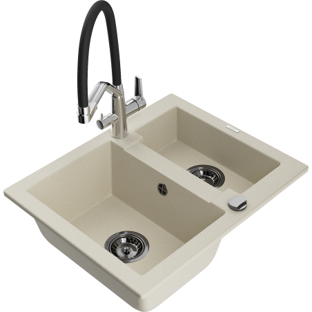 Mexen Carlos zlewozmywak granitowy 1,5-komorowy z baterią kuchenną Duo, beżowy - 6518-69-671701-07-B