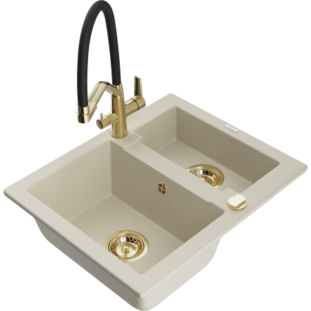 Mexen Carlos zlewozmywak granitowy 1,5-komorowy z baterią kuchenną Duo, beżowy - 6518-69-671701-57-G