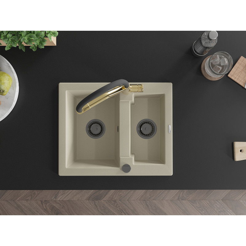 Mexen Carlos zlewozmywak granitowy 1,5-komorowy z baterią kuchenną Duo, beżowy - 6518-69-671701-57-B