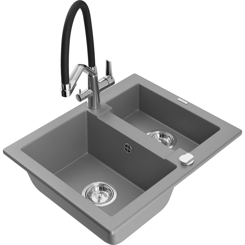 Mexen Carlos zlewozmywak granitowy 1,5-komorowy z baterią kuchenną Duo, szary - 6518-71-671701-07