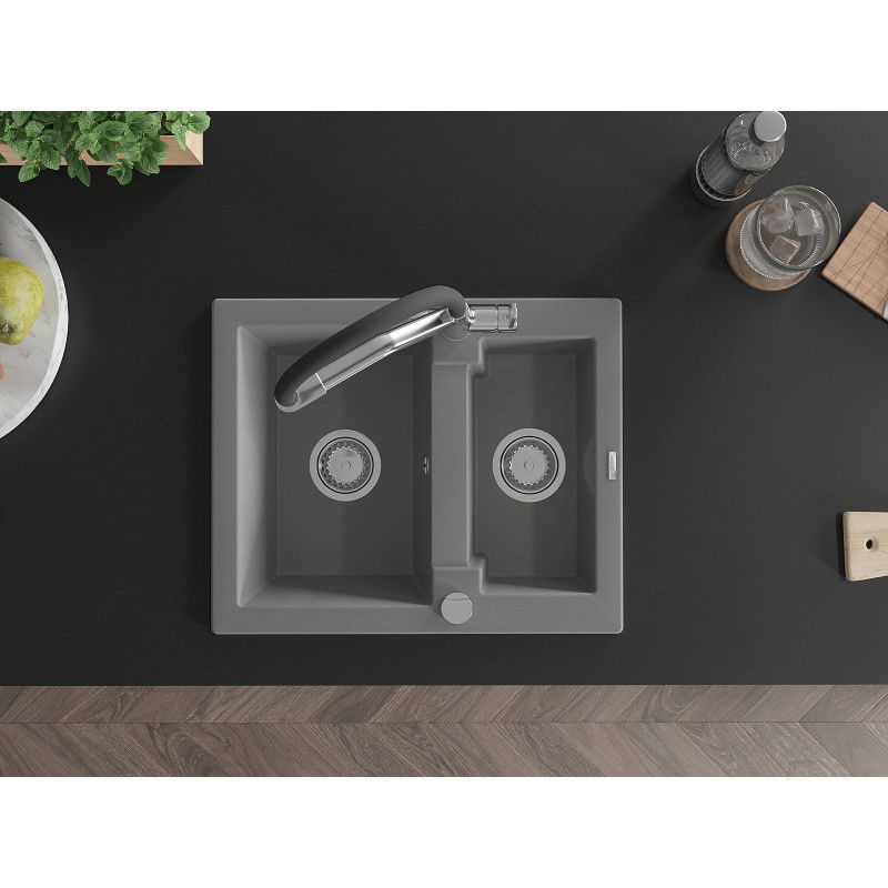 Mexen Carlos zlewozmywak granitowy 1,5-komorowy z baterią kuchenną Duo, szary - 6518-71-671701-07