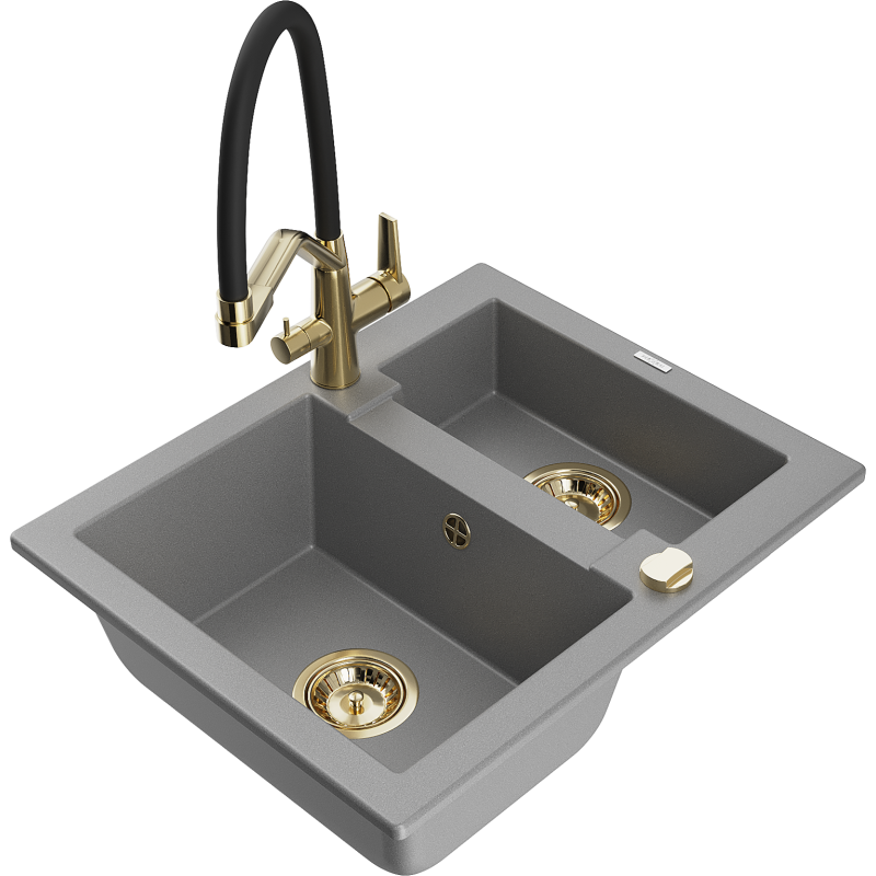 Mexen Carlos zlewozmywak granitowy 1,5-komorowy z baterią kuchenną Duo, szary - 6518-71-671701-57-G