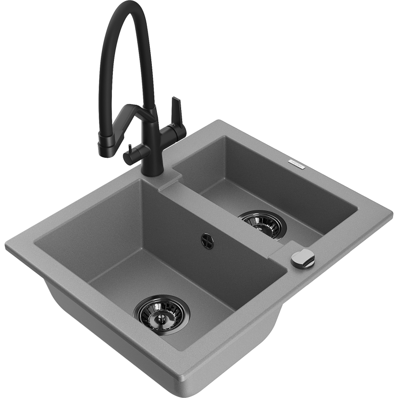 Mexen Carlos zlewozmywak granitowy 1,5-komorowy z baterią kuchenną Duo, szary - 6518-71-671701-70-B