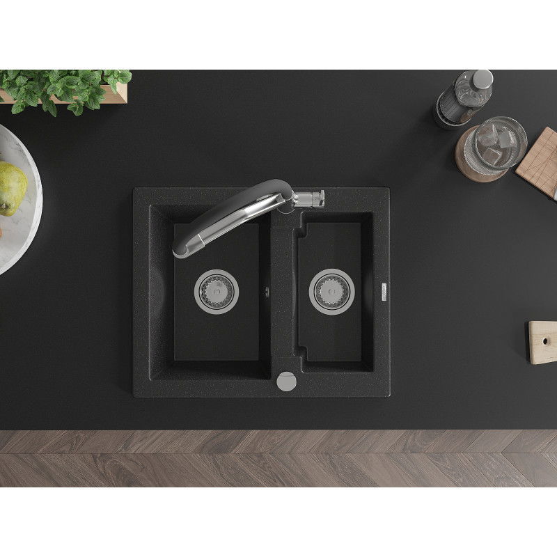 Mexen Carlos zlewozmywak granitowy 1,5-komorowy z baterią kuchenną Duo, czarny/srebrny metalik - 6518-73-671701-07