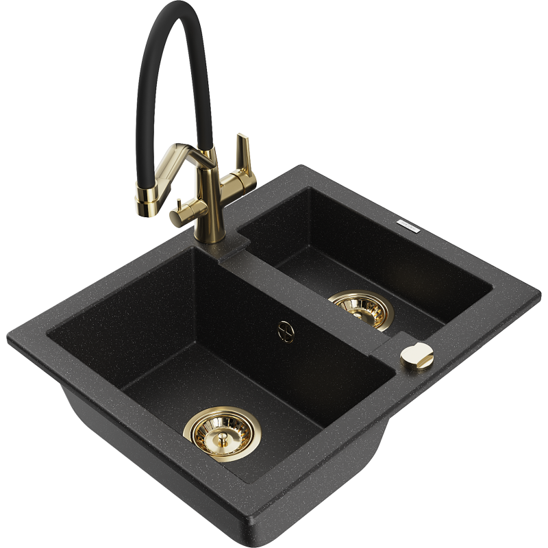 Mexen Carlos zlewozmywak granitowy 1,5-komorowy z baterią kuchenną Duo, czarny/srebrny metalik - 6518-73-671701-57-G