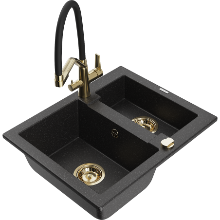 Mexen Carlos zlewozmywak granitowy 1,5-komorowy z baterią kuchenną Duo, czarny/srebrny metalik - 6518-73-671701-57-G