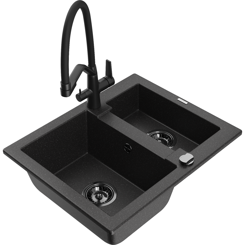 Mexen Carlos zlewozmywak granitowy 1,5-komorowy z baterią kuchenną Duo, czarny/srebrny metalik - 6518-73-671701-70-B