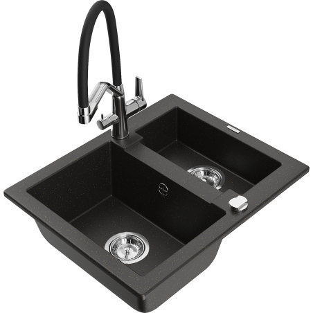 Mexen Carlos zlewozmywak granitowy 1,5-komorowy z baterią kuchenną Duo, czarny/złoty metalik - 6518-75-671701-07