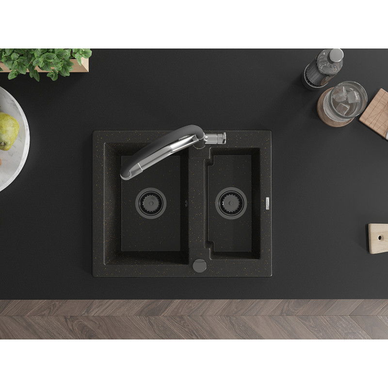 Mexen Carlos zlewozmywak granitowy 1,5-komorowy z baterią kuchenną Duo, czarny/złoty metalik - 6518-75-671701-07-B