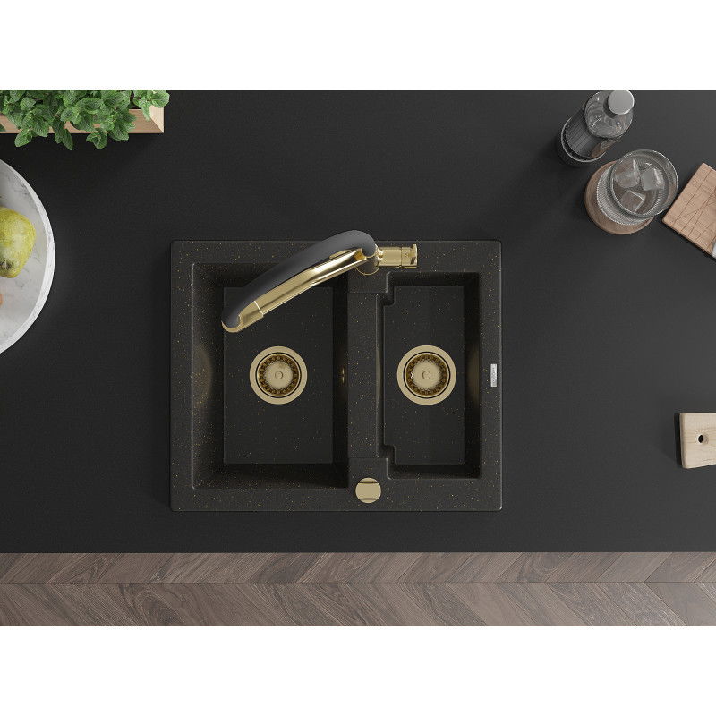 Mexen Carlos zlewozmywak granitowy 1,5-komorowy z baterią kuchenną Duo, czarny/złoty metalik - 6518-75-671701-57-G