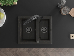 Mexen Carlos zlewozmywak granitowy 1,5-komorowy z baterią kuchenną Duo, czarny/złoty metalik - 6518-75-671701-70-B