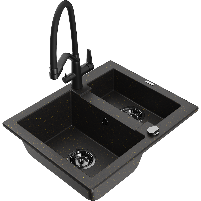 Mexen Carlos zlewozmywak granitowy 1,5-komorowy z baterią kuchenną Duo, czarny/złoty metalik - 6518-75-671701-70-B