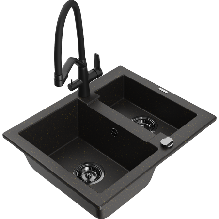 Mexen Carlos zlewozmywak granitowy 1,5-komorowy z baterią kuchenną Duo, czarny/złoty metalik - 6518-75-671701-70-B