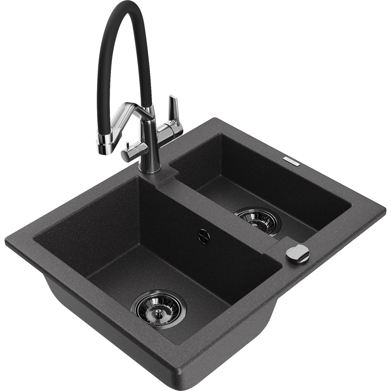 Mexen Carlos zlewozmywak granitowy 1,5-komorowy z baterią kuchenną Duo, czarny nakrapiany - 6518-76-671701-07-B