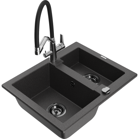Mexen Carlos zlewozmywak granitowy 1,5-komorowy z baterią kuchenną Duo, czarny nakrapiany - 6518-76-671701-07-B