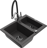 Mexen Carlos zlewozmywak granitowy 1,5-komorowy z baterią kuchenną Duo, czarny nakrapiany - 6518-76-671701-07-B