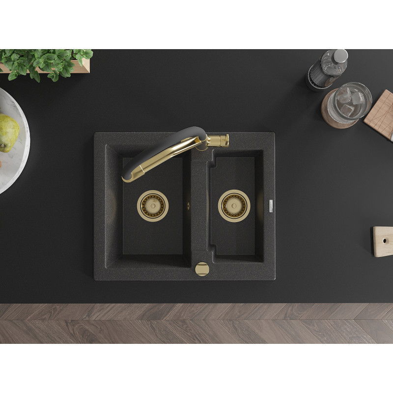 Mexen Carlos zlewozmywak granitowy 1,5-komorowy z baterią kuchenną Duo, czarny nakrapiany - 6518-76-671701-57-G