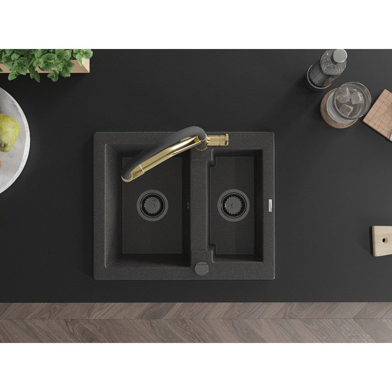 Mexen Carlos zlewozmywak granitowy 1,5-komorowy z baterią kuchenną Duo, czarny nakrapiany - 6518-76-671701-57-B