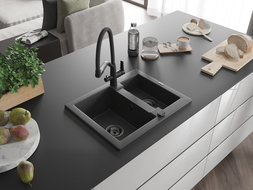 Mexen Carlos zlewozmywak granitowy 1,5-komorowy z baterią kuchenną Duo, czarny nakrapiany - 6518-76-671701-70-B