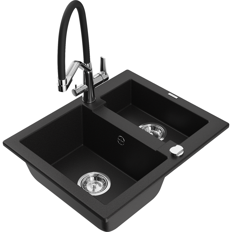 Mexen Carlos zlewozmywak granitowy 1,5-komorowy z baterią kuchenną Duo, czarny - 6518-77-671701-07