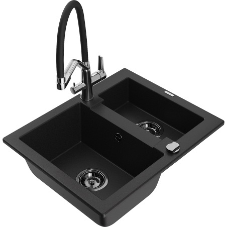 Mexen Carlos zlewozmywak granitowy 1,5-komorowy z baterią kuchenną Duo, czarny - 6518-77-671701-07-B