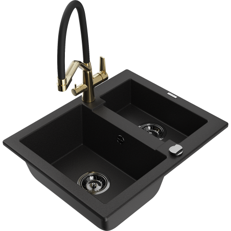 Mexen Carlos zlewozmywak granitowy 1,5-komorowy z baterią kuchenną Duo, czarny - 6518-77-671701-57-B
