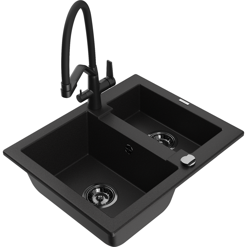 Mexen Carlos zlewozmywak granitowy 1,5-komorowy z baterią kuchenną Duo, czarny - 6518-77-671701-70-B