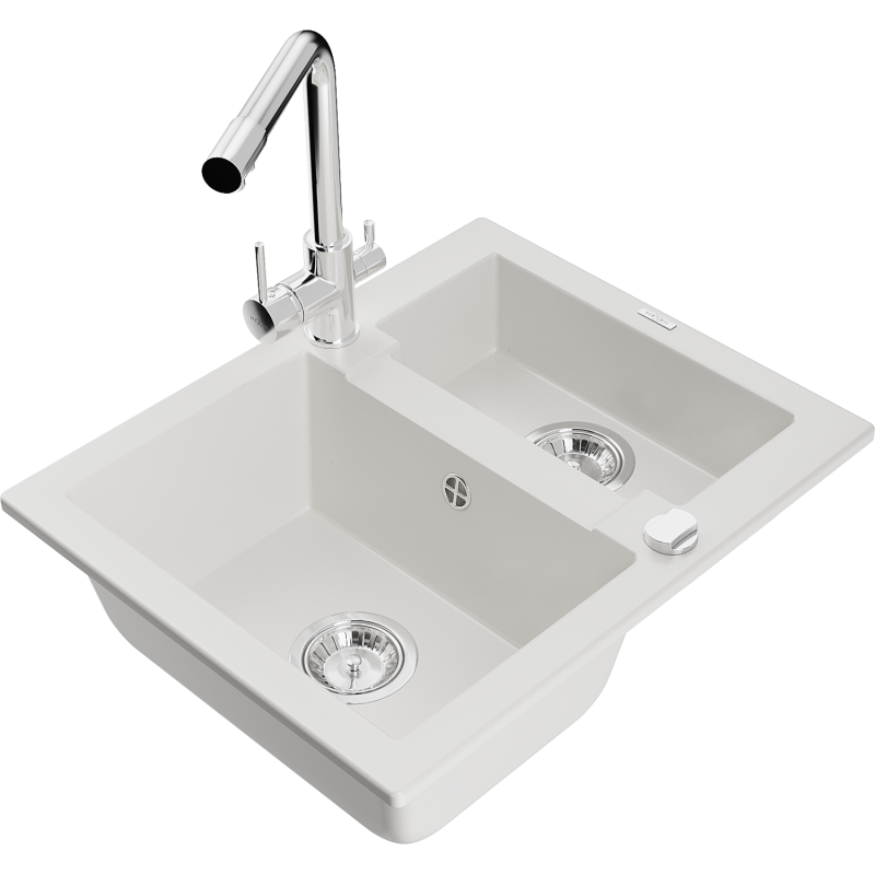 Mexen Carlos zlewozmywak granitowy 1,5-komorowy z baterią kuchenną Duero, biały - 6518-20-671600-00