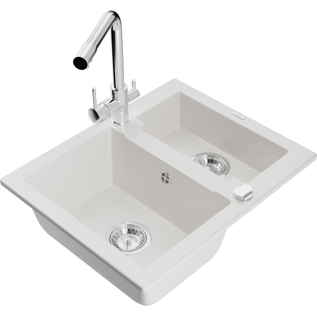 Mexen Carlos zlewozmywak granitowy 1,5-komorowy z baterią kuchenną Duero, biały - 6518-20-671600-00