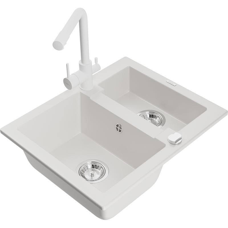 Mexen Carlos zlewozmywak granitowy 1,5-komorowy z baterią kuchenną Duero, biały - 6518-20-671600-20