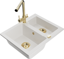 Mexen Carlos zlewozmywak granitowy 1,5-komorowy z baterią kuchenną Duero, biały - 6518-20-671600-50