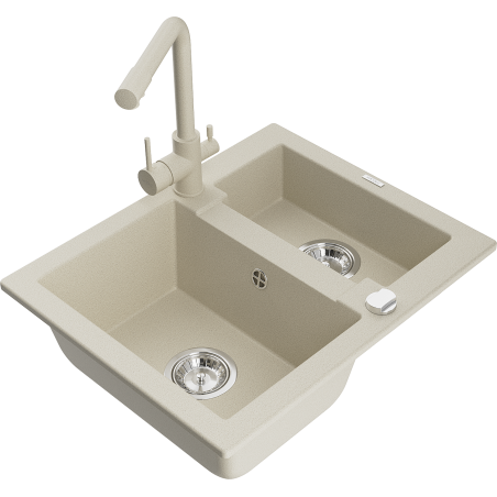 Mexen Carlos zlewozmywak granitowy 1,5-komorowy z baterią kuchenną Duero, beżowy - 6518-69-671600-69