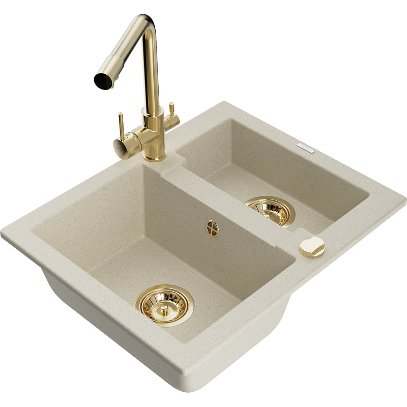 Mexen Carlos zlewozmywak granitowy 1,5-komorowy z baterią kuchenną Duero, beżowy - 6518-69-671600-50