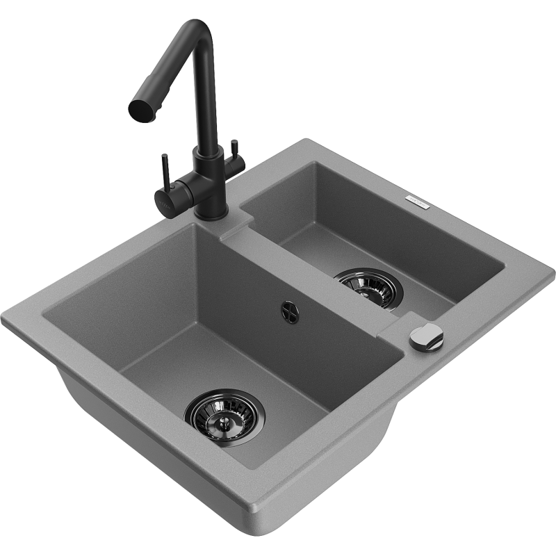 Mexen Carlos zlewozmywak granitowy 1,5-komorowy z baterią kuchenną Duero, szary - 6518-71-671600-70-B